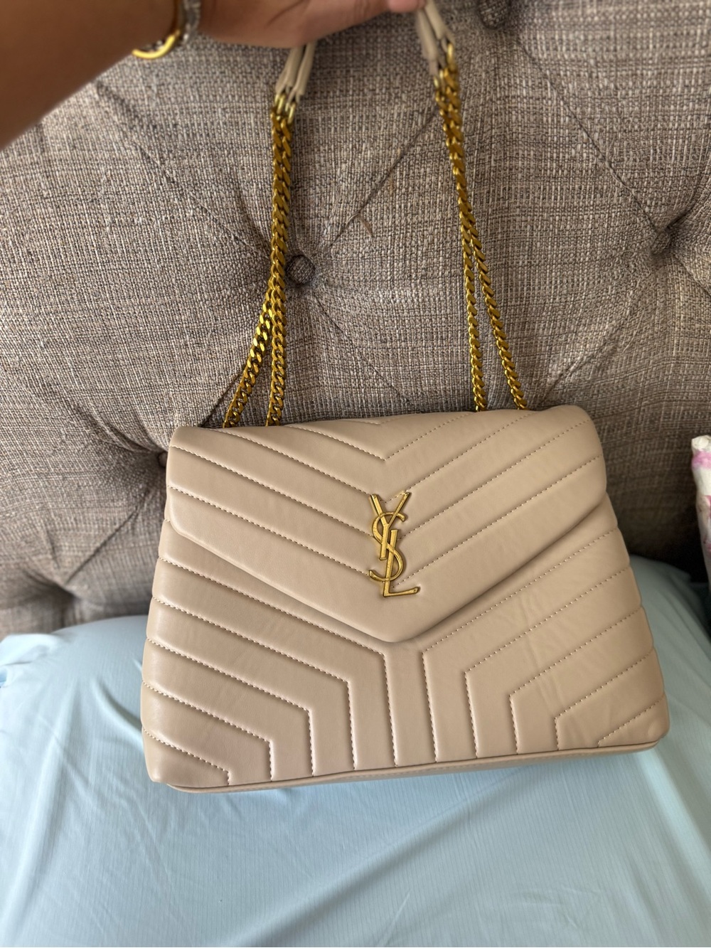 Saint Laurent Cream Quilted Leather Shoulder Bag with Gold Hardware